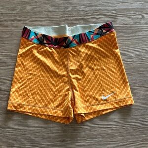 Nike Pro Orange Compression Shorts with Patterned Waistband